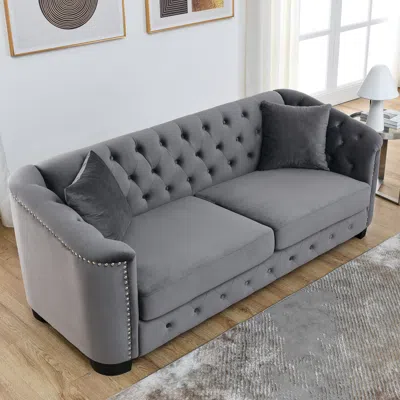 Streamdale Furniture Streamdale Luxurious Velvet Chesterfield Sofa With Nailhead Trim In Gray