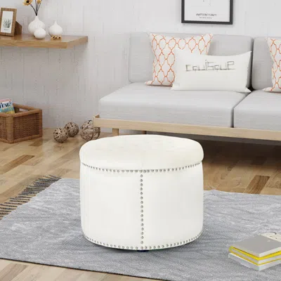 Streamdale Furniture Streamdale Luxurious Velvet Ottoman With Studded Rim For Comfort And Style In Neutral