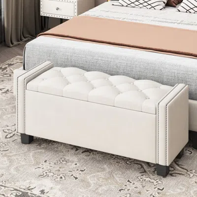 Streamdale Furniture Streamdale Luxurious Velvet Tufted Storage Ottoman Bench With Rivet Design In White