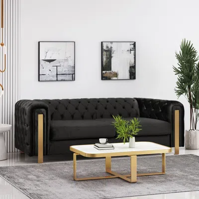 Streamdale Furniture Streamdale Luxurious Velvet Tuxedo Sofa With Golden Accents