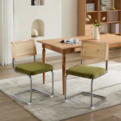 Streamdale Furniture Streamdale Luxurious Velvet Upholstered Armchair With Rattan Back And Steel Pipe Frame In Green