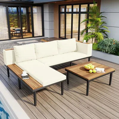 Streamdale Furniture Streamdale Luxury L-shaped Acacia Wood Patio Sectional Sofa With Cushions And Coffee Table