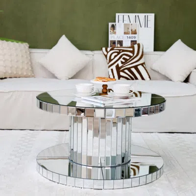 Streamdale Furniture Streamdale Luxury Round Mirror Coffee Table - Fluted Glass, 31.5"
