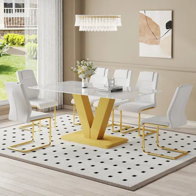 Streamdale Furniture Streamdale Luxury Snow Mountain Dining Set 71" Table With 6 Pu Chairs