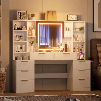 Streamdale Furniture Streamdale Makeup Vanity Desk With Mirror & Lights, 59" Large Vanity Table In White
