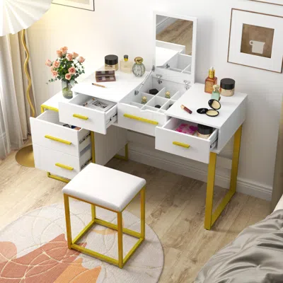 Streamdale Furniture Streamdale Makeup Vanity Set With Mirror, Dresser Table With Nightstand, With 4 Drawers