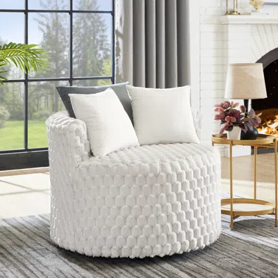 Streamdale Furniture Streamdale Malna Plush 3d Upholstered Barrel Accent Chair With Wheels, Off-white