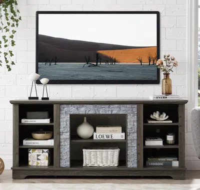 Streamdale Furniture Streamdale Mantel Stone Tv Media Stand With With Faux Stacked Stone Surround In Gray