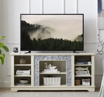 Streamdale Furniture Streamdale Mantel Stone Tv Media Stand With With Faux Stacked Stone Surround