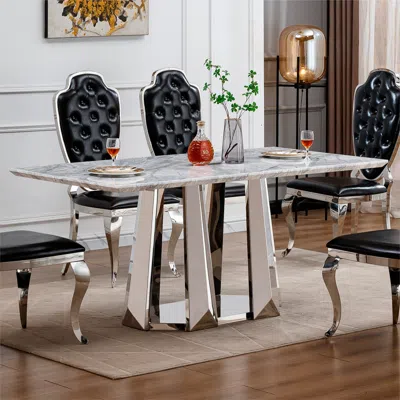 Streamdale Furniture Streamdale Marble Dining Table For 6, 70" Faux Marble Rectangle Table With Stainless Steel Base (sil