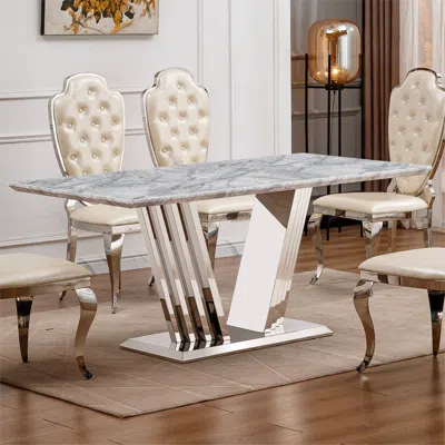 Streamdale Furniture Streamdale Marble Dining Table For 6, 70" Faux Marble Rectangle Table With Stainless Steel Base (sil