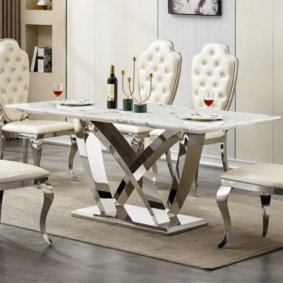 Streamdale Furniture Streamdale Marble Dining Table For 6, 70" Rectangle Faux Marble Table With Stainless Steel Base (sil