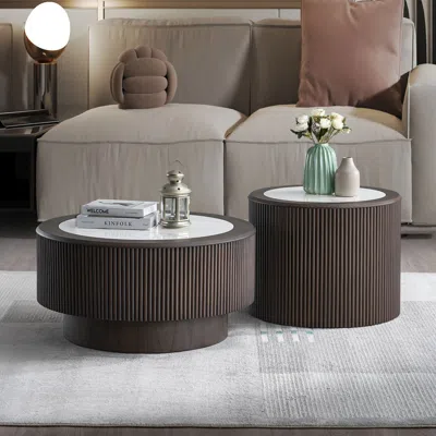 Streamdale Furniture Streamdale Marble Pattern Coffee Table Set - Round End Tables, Dark Brown