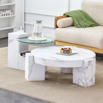 Streamdale Furniture Streamdale Marble Textured Mdf Coffee Table Set For Home Décor