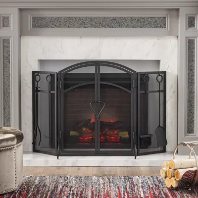 Streamdale Furniture Streamdale Matte Black Folding Fireplace Screen With Doors And Tools