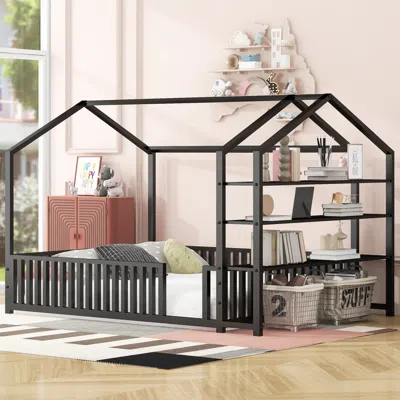 Streamdale Furniture Streamdale Metal House Bed With Fence And Shelves
