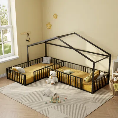 Streamdale Furniture Streamdale Metal L-shaped Montessori House Bed Frame For 2 Kids, Black