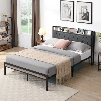 Streamdale Furniture Streamdale Metal Platform Bed Frame With Upholstery Headboard And Storage