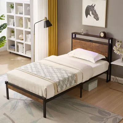 Streamdale Furniture Streamdale Metal Platform Bed Frame With Wooden Headboard And Usb Liner In Brown