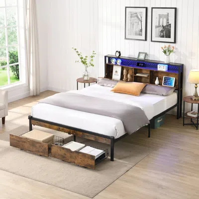 Streamdale Furniture Streamdale Metal Platform Bed With Usb, Charging Station, Storage, Led Lights