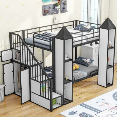 Streamdale Furniture Streamdale Metal Twin Over Twin Castle-shaped Bunk Bed With Wardrobe