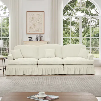 Streamdale Furniture Streamdale Mid Century 3 Seater Chenille Sofa With Flared Arms & Spindle Legs In White