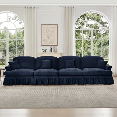 Streamdale Furniture Streamdale Mid Century 4 Seater Chenille Sofa With Flared Arms - Blue