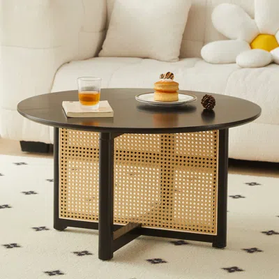Streamdale Furniture Streamdale Mid-century Bohemian Coffee Table Round With Pe Cane Stand