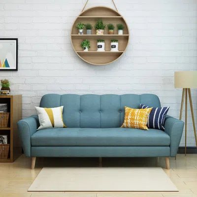 Streamdale Furniture Streamdale Mid-century Buttoned Sofa With Rubberwood Legs For Style And Comfort In Blue