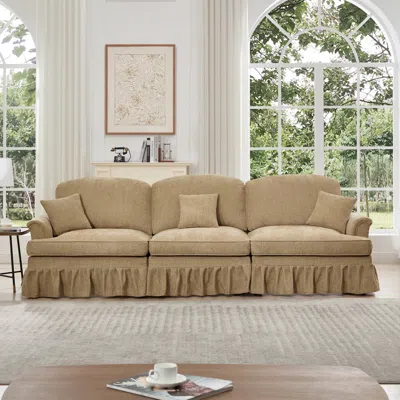 Streamdale Furniture Streamdale Mid Century Chenille 3 Seater Sofa, Flared Arms, Removable Skirt - Light Coffee In Brown