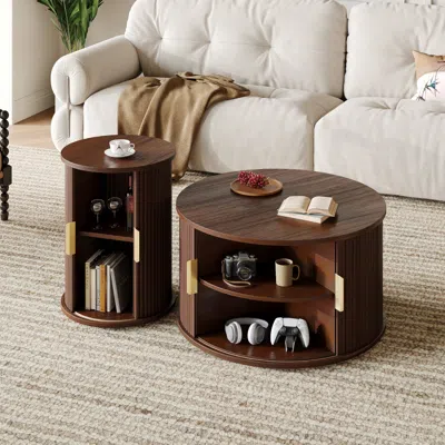 Streamdale Furniture Streamdale Mid-century Coffee Table Set With Sliding Tambour Door, Black