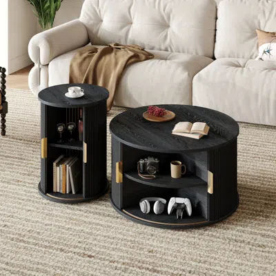 Streamdale Furniture Streamdale Mid-century Coffee Table Set With Sliding Tambour Door, Black