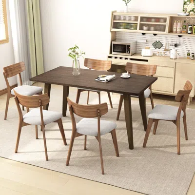 Streamdale Furniture Streamdale Mid-century Dining Set: Table (brown) + 6 Upholstered Chairs (light Beige)