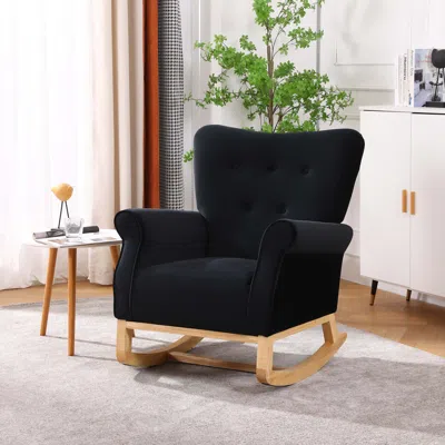 Streamdale Furniture Streamdale Mid Century Fabric Rocker Chair With Wood Legs And Velvet In Black