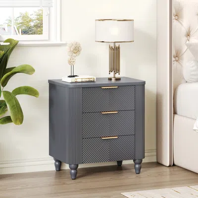 Streamdale Furniture Streamdale Mid-century Fluted 3 Drawer Nightstand, Bedside Table With Gold Handles, Dark Gray