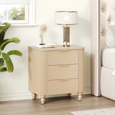 Streamdale Furniture Streamdale Mid-century Fluted 3 Drawer Nightstand With Gold Handles, Champagne