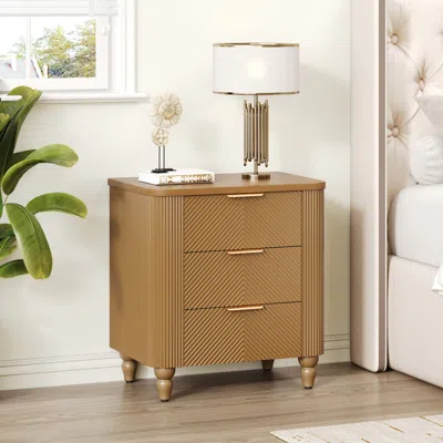 Streamdale Furniture Streamdale Mid-century Fluted 3 Drawer Nightstand With Gold Handles, Natural