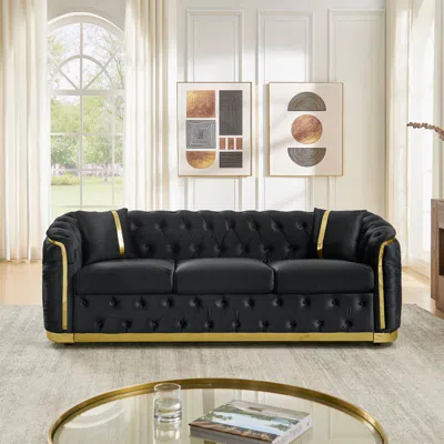 Streamdale Furniture Streamdale Mid Century Modern 3 Seater Velvet Chesterfield Sofa With 2 Pillows, Black In Multi