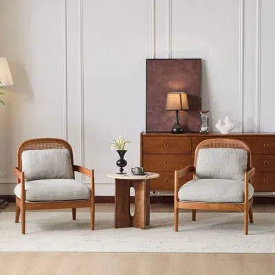 Streamdale Furniture Streamdale Mid-century Modern Accent Chair - Walnut & Rattan, Grey-green Cushion (set Of 2)