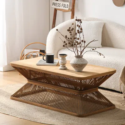 Streamdale Furniture Streamdale Mid-century Modern Coffee Table - Woven Bamboo Base In Brown