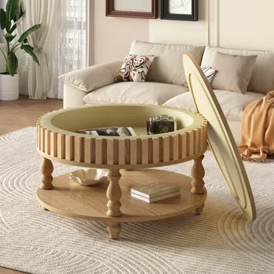 Streamdale Furniture Streamdale Mid-century Modern Fluted Coffee Table With Storage, Natural Wood