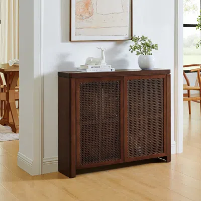 Streamdale Furniture Streamdale Mid Century Modern Rattan Sideboard Buffet Cabinet With 2 Outlets, Walnut In Brown