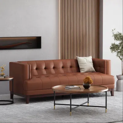 Streamdale Furniture Streamdale Mid-century Modern Tufted 3-seater Sofa With Wood Frame In Brown
