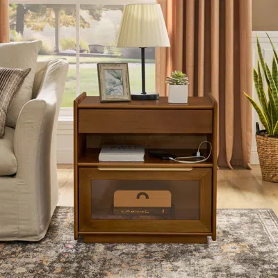 Streamdale Furniture Streamdale Mid Century Nightstand Charging Station Dark Walnut