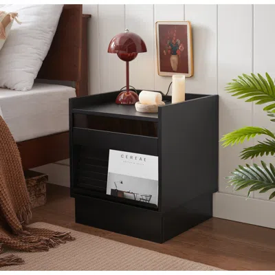 Streamdale Furniture Streamdale Mid Century Nightstand With Charging & Led, 2 Drawers, Bedside/end Table, Black