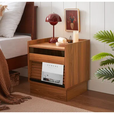 Streamdale Furniture Streamdale Mid Century Nightstand With Charging & Led, 2 Drawers, Bedside/end Table, Black In Brown