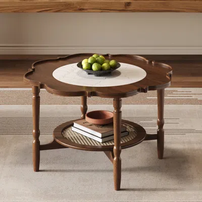 Streamdale Furniture Streamdale Mid-century Petal Coffee Table, Rattan & Walnut, 31.5"