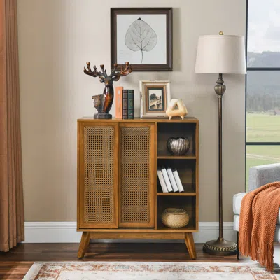 Streamdale Furniture Streamdale Mid-century Rattan Sideboard Cabinet With Shelf