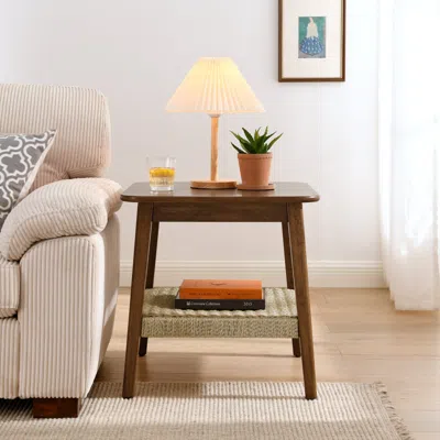 Streamdale Furniture Streamdale Mid-century Side Table With Woven Shelf - Dark Walnut In Brown