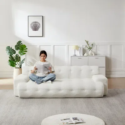 Streamdale Furniture Streamdale Minimalist Button-tufted Square Arm Three-seater Sofa, Chenille, Snow White
